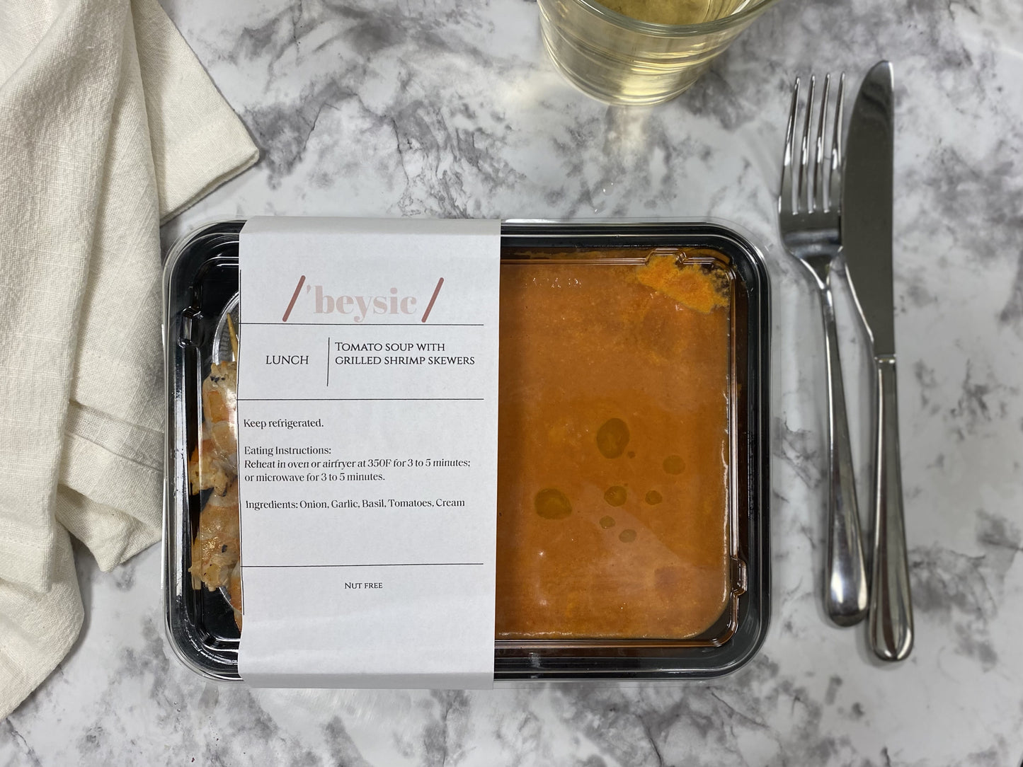 Tomato Soup with Grilled Shrimp Skewers